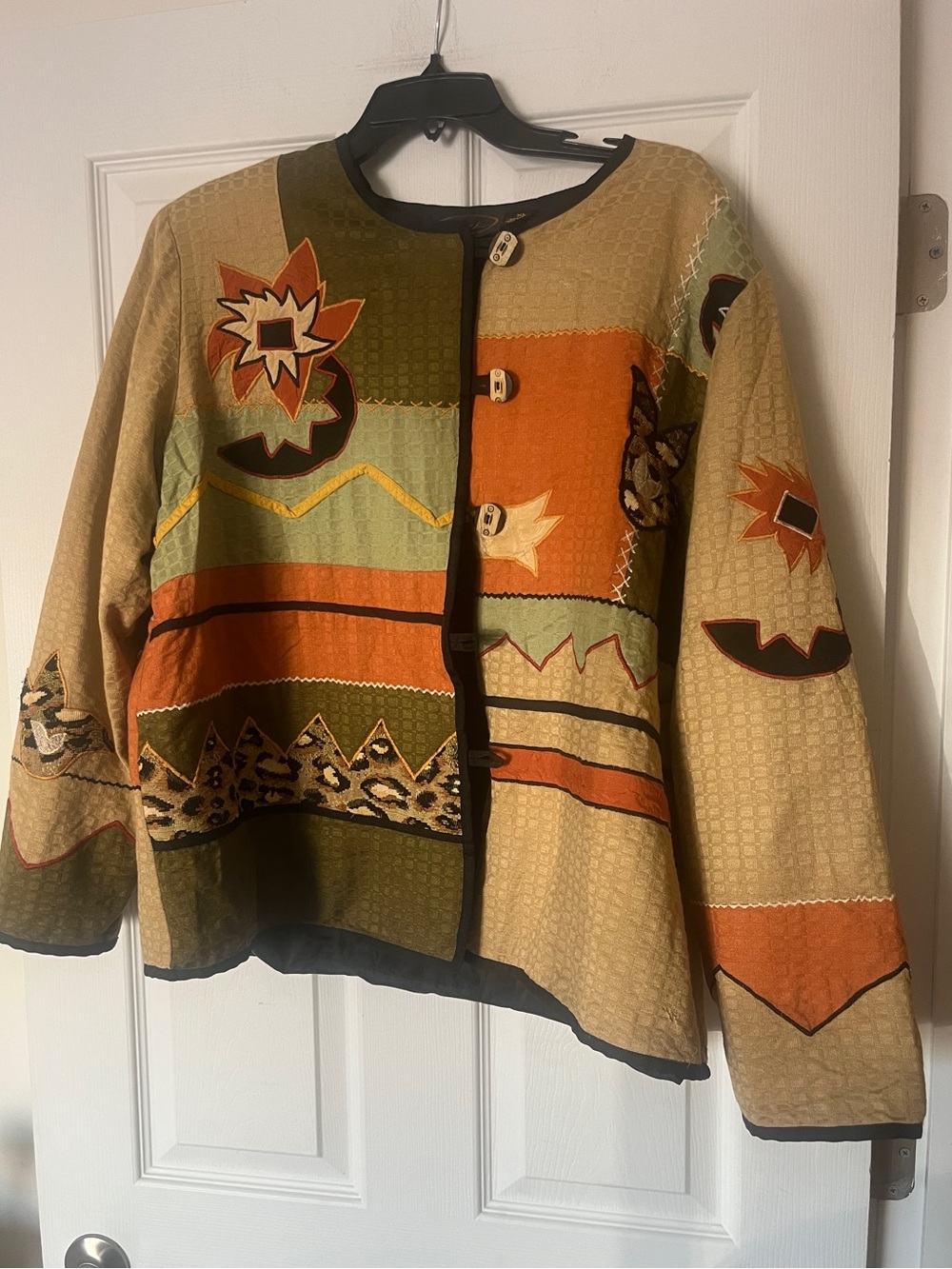 Vtg Alex Kim Patchwork Quilted Jacket Size XL - Earth Tone Boho Tribal Print 90s